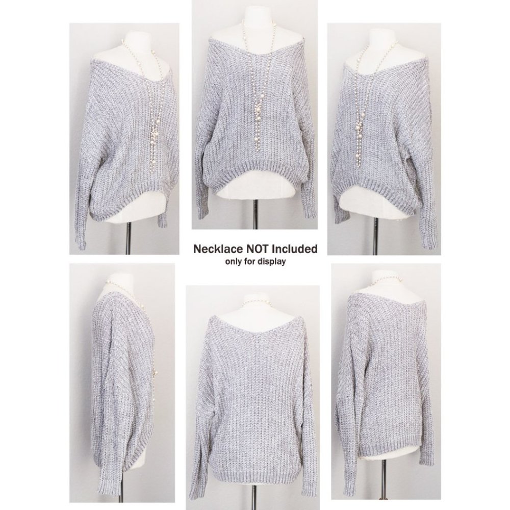 Pale Grey Off Shoulder Soft Chenille VNeck Sweater - Picture 7 of 8